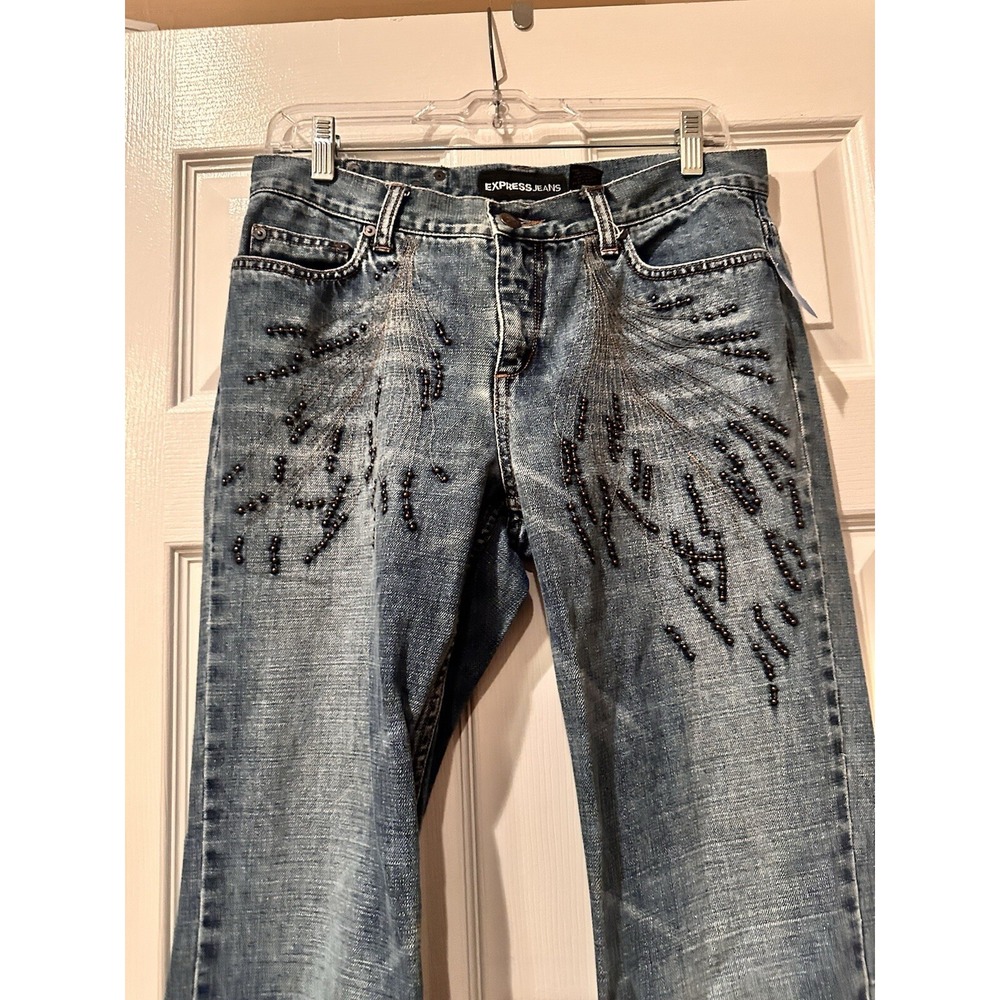 VTG Express Women's Jeans Sz 7 / 8 Denim Bronze Beads Mid Rise Bootcut Jeans Y2K - Picture 4 of 16